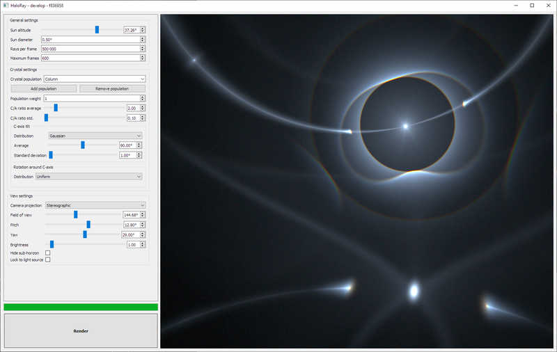 Screenshot of HaloRay showing simulation settings on the left and a simulated halo display on the right