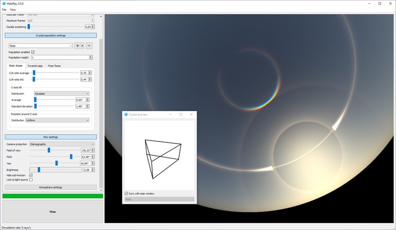 Extreme triangular ice crystal used to simulate a very well developed Kern arc Screenshot of HaloRay showing a simulated Kern arc and a preview of a triangular ice crystal