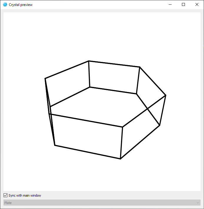 Screenshot of crystal shape preview window, showing a wireframe model of a plate-oriented hexagonal crystal