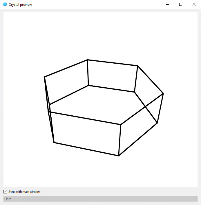 Plate-oriented crystal in the new preview window Screenshot of crystal shape preview window, showing a wireframe model of a plate-oriented hexagonal crystal
