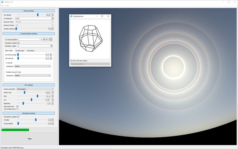 Pyramidal ice crystal halo display Screenshot of HaloRay showing a rendering of pyramidal halo display and ice crystal preview window