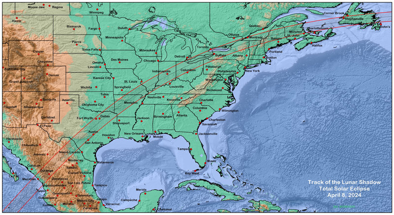 Topographic map showing the track of the eclipse across North America, by Jay Anderson at eclipsophile.com