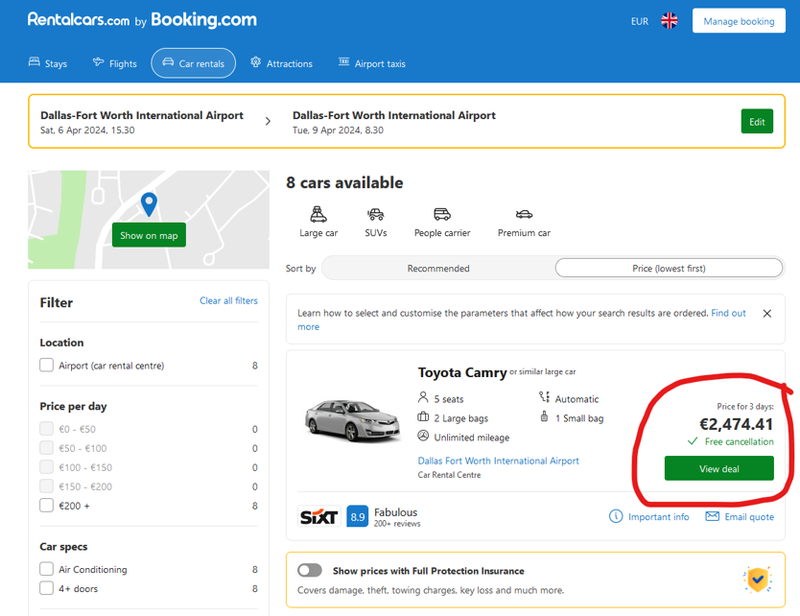 The cheapest 3-day car rental available at DFW airport... Screenshot from Rentalcars.com citing a 2474 euro price for a 3-day car rental