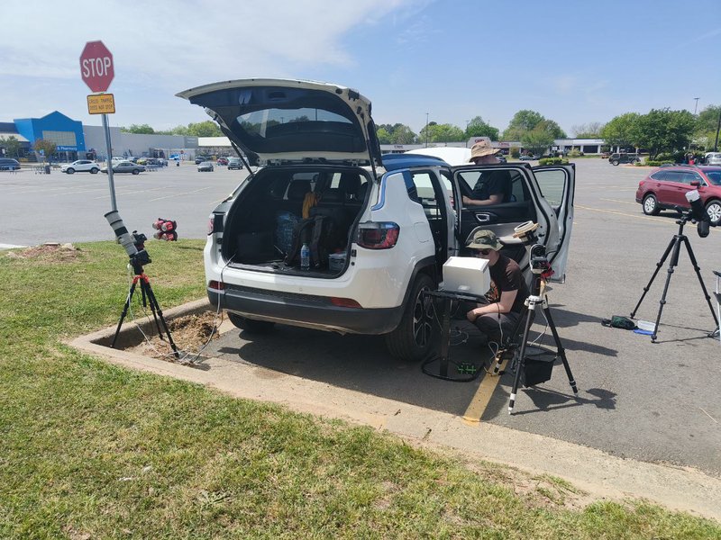 Our eclipsemobile parked in Hot Springs. Our car surrounded by photography equipment