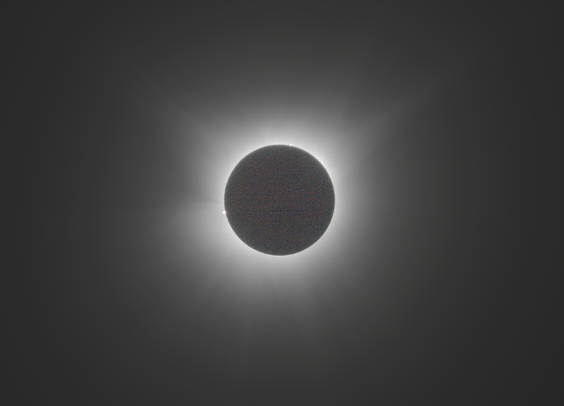 High dynamic range stack of photos showing the corona all the way from the inner corona to the outer streamers