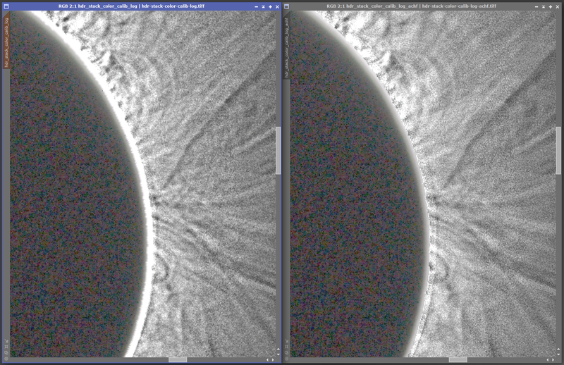 Two images, with the left one showing part of the moon edge and solar corona sharpened with normal unsharp masking, and the left with the improved method
